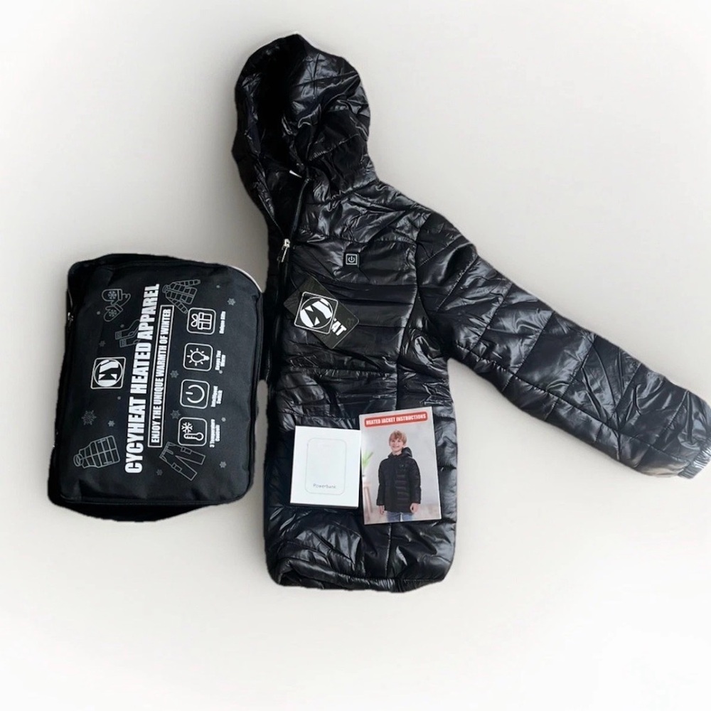 NWT Kids Black Heated Puffer Jacket with Hood/Battery Pack